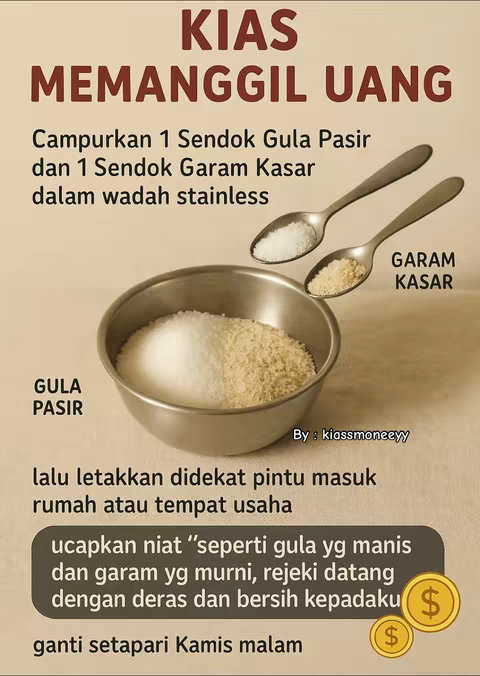 An image with a beige background features text and illustrations about a ritual. In the center, a stainless steel bowl is partially filled with white and tan grains, possibly sugar and salt, alongside two spoons each containing the same substances. Text in capitalized brown font at the top reads 'KIAS MEMANGGIL UANG' (roughly translated as 'Secrets to Calling Money'). Below, further text instructs on mixing sugar and coarse salt. The image also shows two small dollar sign graphics.