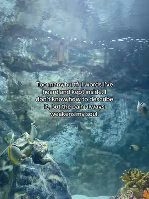 The cover image has an underwater scene with a teal background. The focus is on the water surface lit by sunlight with rocks and fish in view. White text is overlaid which describes someone's pain.