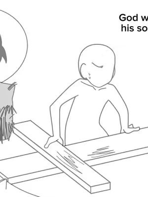 A cartoon image depicting a humorous scenario. A faceless figure, with a sweaty forehead indicating stress, is hunched over a wooden plank with a cross-like structure behind. A spherical shape with a small figure inside, possibly representing God, is visible to the left, completing the religious context of the image.