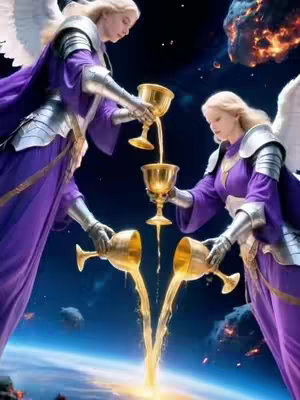 An AI-generated image depicts two angelic figures pouring liquid from golden chalices into a series of lower chalices, with a cosmic background featuring a planet and celestial elements. The angels are adorned in purple robes and metallic armor.
