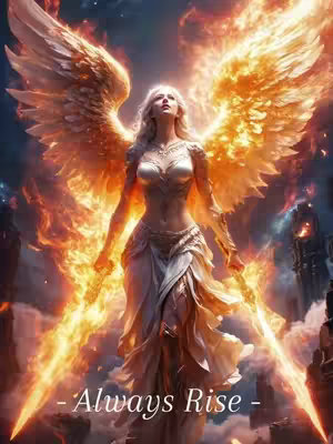 A fantasy-styled image featuring a female angel-like figure with large, ornate wings composed of flames. She is positioned in the center, holding fiery swords. The background is a blend of dark and fiery hues, with a text overlay at the bottom that reads "- Always Rise -" in white.