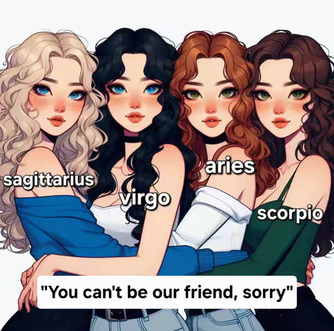 An AI-generated image featuring four stylized female figures representing astrological signs, arranged in a close-up composition. The women, each with unique hairstyles and outfits, are grouped closely, suggesting a bond. The foreground includes text labels identifying each zodiac sign. The layout's use of color and style creates a visually appealing and thematic design.