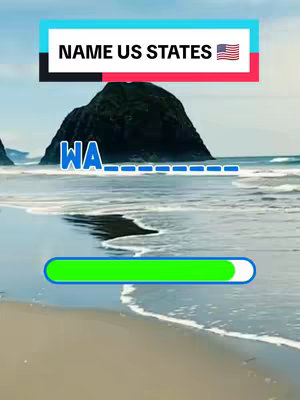 The cover image shows a beach scene with a large, dark-colored rock formation in the center. The sea is visible with waves lapping the shore, and the sky is cloudy. At the top, there is a rectangular text overlay in a black box with white text, and beneath this, there is text in a blue box with a question mark. At the bottom, a progress bar is nearly full.