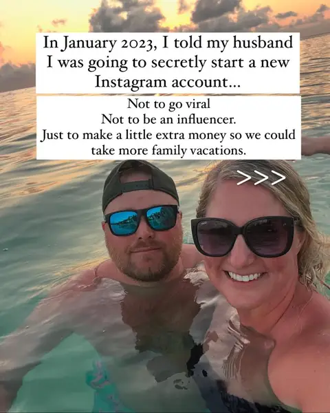 A selfie-style shot of a couple partially submerged in water. The woman is on the right, smiling at the camera; the man is on the left with a neutral expression. Text overlays the image, describing a personal story.