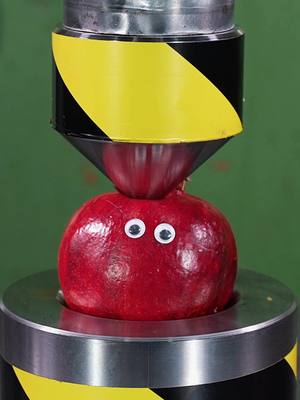 A close-up shot of a pomegranate being crushed by a metal press. The pomegranate has googly eyes attached to it, giving it a comical appearance. The press is black and yellow, with the pomegranate resting on a metallic base.