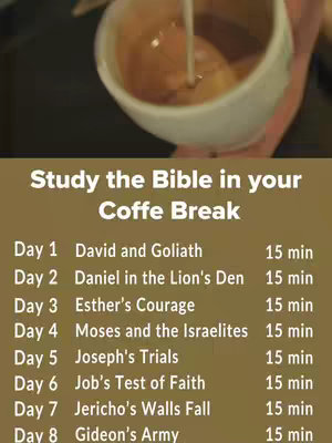 The cover image shows a person's hand pouring a stream of liquid, likely coffee, into a white mug. Below this, a vertical panel presents a list of Bible study topics, each paired with a duration.