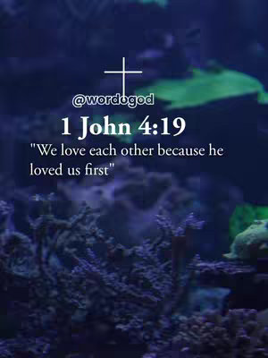 The image features a deep blue background with a blurry view of what appears to be an underwater scene, possibly an aquarium. Overlaid on this are textual elements. At the top, a white cross is positioned centrally, above the handle @wordogod in a simple white font. Beneath this, the text "1 John 4:19" is displayed in a larger, bold, white font. Below the verse reference, the full Bible verse is written, "We love each other because he loved us first", in a smaller, clean white font. The text is well-placed, creating high contrast which makes it legible against the background. The overall aesthetic suggests a spiritual message.