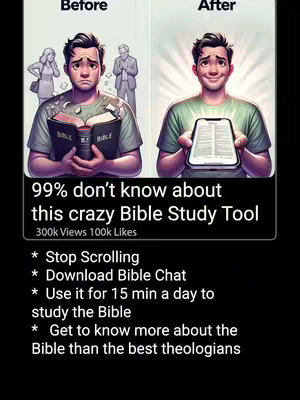 The image is a split screen. On the left, an illustrated man with a forlorn expression clutches a large open book labeled "BIBLE." Behind him are shadowy figures of people. On the right, the same man, now smiling, holds a modern tablet or smartphone displaying a bright screen that looks like a bible. The background behind him is brightly lit. Text overlays the image, highlighting that 99% of people don't know about this Bible study tool, offering key features in bullet points.