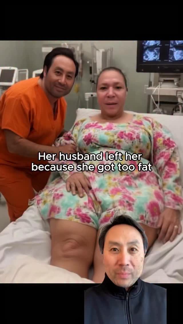 The image shows a woman in a hospital bed being attended to by a man in orange scrubs. A smaller image of a man's face is superimposed at the bottom. Text overlays read: "Her husband left her because she got too fat".