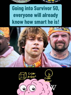 The cover image is a split-screen combining a photo montage with design elements. At the top, three men are framed, with the central figure in a serious expression seemingly looking up. The title text 'Going into Survivor 50, everyone will already know how smart he is!' sits within a vibrant rectangle. Below, cartoon elements of a brain alongside math equations and a stylized eye-filled brain are used for emphasis, set upon a black background.