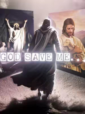 A composite image with multiple religious figures. In the center, a person with long hair, possibly Jesus, is seen from behind, wearing a flowing robe. Behind them are two other images of Jesus: one with arms raised upwards, and the other holding a lamb. The words "GOD SAVE ME." are displayed in illuminated white boxes at the bottom of the image.