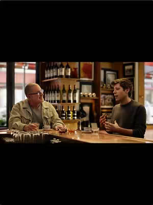 Two men sit at a bar, in a well-lit setting with a classic bar backdrop. One man, with glasses and a tan jacket, sits with a drink in his hand, listening to the other man who is speaking. The man speaking is gesturing with his hands, wearing a dark shirt, and both appear engaged in conversation.