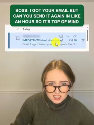 A woman is centered in the frame, wearing glasses and a green turtleneck sweater, with an expression of exasperation. Above her is a green banner with white text, and beneath the banner is a screenshot of an email. The background is a plain wall.