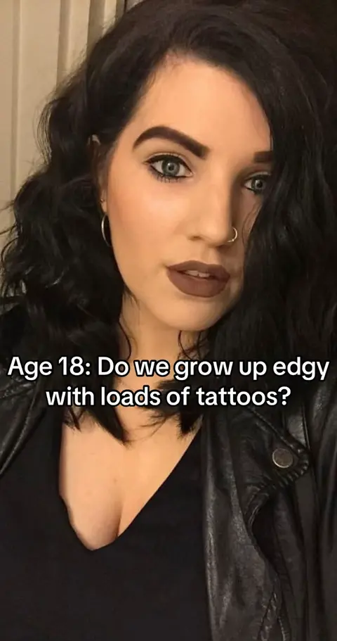 A young woman with dark wavy hair and a nose ring looks directly at the camera. She is wearing a black leather jacket and a black top. Text overlays the image, asking a question.