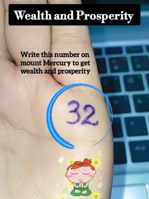 A hand with a stylized graphic of the number 32 inside a blue circle. The text 'Wealth and Prosperity' is at the top and other text below. In the bottom corner is a small cartoon of a child meditating.
