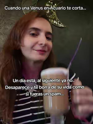 A selfie-style video cover image. A woman with auburn hair is holding a drink with a straw in a glass. In the background, there's a dark space and a crescent moon decoration. Text overlay is above and below the woman.