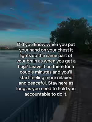 The image shows a picturesque scene of a body of water with a bridge or walkway in the foreground. Above, the sky transitions from blue to darker shades, adding a sense of depth. The text is overlaid, providing a comforting message about self-soothing techniques for anxiety.