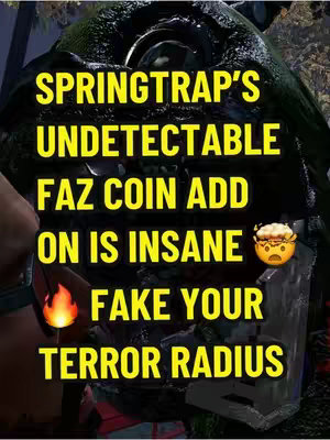 The cover image features a close-up of the Springtrap character from Dead by Daylight. Overlaid, bold, yellow text announces, 'SPRINGTRAP'S UNDETECTABLE FAZ COIN ADD ON IS INSANE' , concluding with 'FAKE YOUR TERROR RADIUS'. An emoji of an angry face with a halo and a fiery flame are added for emphasis to the overlay text