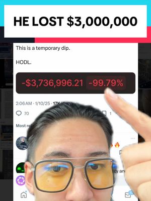 The cover image features a man with glasses and a finger pointing at a screen displaying a social media post about a loss in cryptocurrency. The text on the screen shows financial data like a negative balance of 3.7 million and a 99.79% loss. The top of the image has the overlaid text 'HE LOST $3,000,000.'