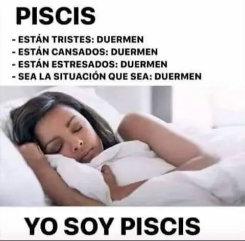 The image shows a meme featuring text about the zodiac sign Pisces, along with an image of a woman lying in bed asleep. The text in the top section discusses how people of Pisces zodiac sign tend to sleep or rest in various situations. The woman is placed in the lower part, in bed, under a white blanket, showing the representation of this sign.