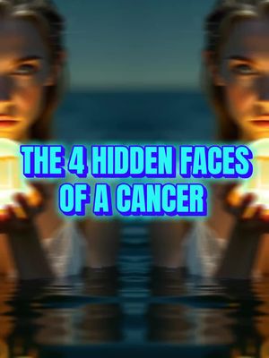 The cover image presents a mirrored composition, with two blurred images of a woman positioned on the sides. In the center, bold, blue text on a yellow gradient background reads "THE 4 HIDDEN FACES OF A CANCER". Background appears to be a water surface with reflections.