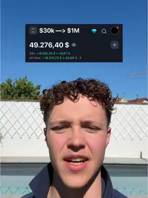 The cover image shows a young man with curly hair looking directly at the camera against a blue sky background. Above his head floats a digital display showing financial data related to cryptocurrency, indicating a potential investment or trading topic.The composition is a selfie-style shot capturing the creator.
