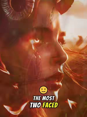 The cover image features a woman's face with added horns and fantasy elements, set against a warm, red-toned background. The overlay includes text and a subtle smiling face emoji. The woman's profile is central, with blurred background details.
