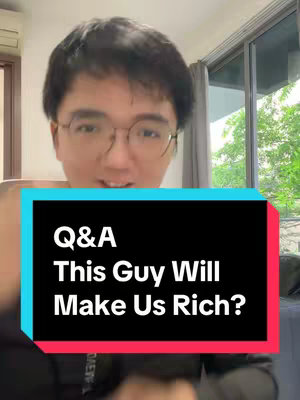 A man wearing glasses looks directly at the viewer, with text overlaid on a colorful background that reads 'Q&A' and the question, 'This Guy Will Make Us Rich?' The black box containing the text is outlined with cyan and red. The background includes a window with greenery.