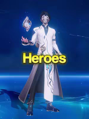 The image shows a character in a detailed outfit with a mask-like face, striking a pose as if casting a spell. The character stands against a gradient blue backdrop, and the text 'Heroes' overlays the image in a glowing yellow font.