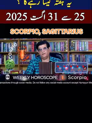 A man is seated in a room, likely filming a video. The background has bookshelves filled with books. Text overlay, framed in dark blue and red, announces the date range and title of the content. Further text at the bottom names the show 'Weekly Horoscope' and the zodiac signs 'Scorpio, Sagittarius'