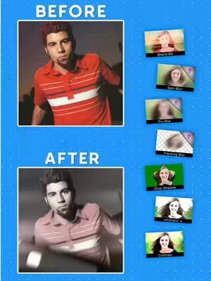 A split image shows a "BEFORE" photo of a man on the top left side, while the top right side gives editing options in a row. The bottom left side shows "AFTER" image, on top of a blue background. The "BEFORE" photo shows a man in a red and white striped shirt against some warm-toned background. The "AFTER" photo seems to have blurred effects along with the change of color.