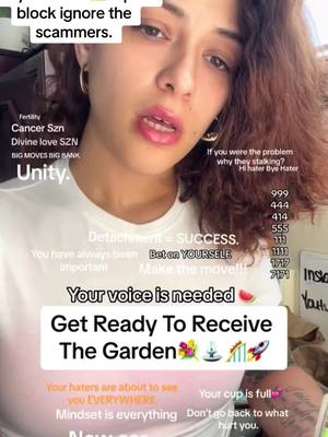 A selfie-style image of a woman with light skin and curly brown hair. She has prominent lip color and is wearing an open-necked white top. Text overlays are present, including phrases like 'Get Ready To Receive The Garden,' with various other elements and a numbered list in the background.