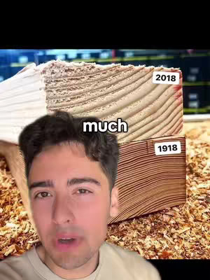 A man is in the foreground with wooden beams and sawdust in the background. The man is looking towards the camera and appears to be speaking. Above the man is one wooden beam that is cut and says 2018, along the bottom is another wooden block cut from 1918. Sawdust fills the foreground.