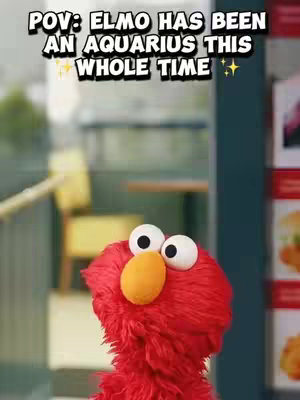The cover image features Elmo, a red Muppet from Sesame Street, against a blurred outdoor backdrop. Elmo's eyes are wide with a surprised expression as he looks up. Text overlayed on the image reads 'POV: ELMO HAS BEEN AN AQUARIUS THIS WHOLE TIME' in a bold, white font, with sparkles on each side.