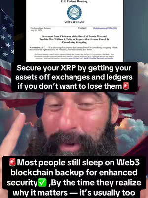 The image is a selfie of a man with a beard, set against a backdrop of the American flag and a stylized sky. The man is smiling, and the text overlays are a call to secure XRP assets off exchanges and ledgers. There is also a document in the top portion of the image, and text with the context and summary.