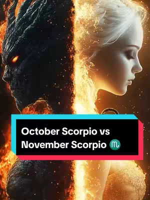 The image is a split composition featuring two sides, each portraying a person against a burning flame backdrop. The left side shows a dark, monstrous figure with glowing eyes, while the right side depicts a fair-skinned woman with flowing hair. A horizontal black bar in the foreground contains the text 'October Scorpio vs November Scorpio' and a zodiac symbol.