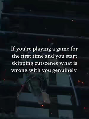 The cover image features a first-person perspective of a video game scene, with a stone structure and subtle lighting. Superimposed on this is white text that poses a question about skipping cutscenes in a game.