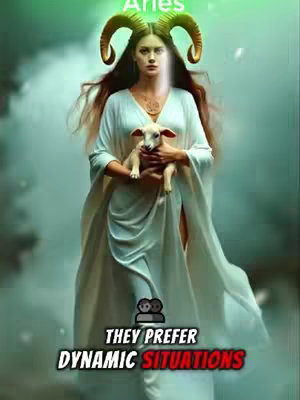 A digitally rendered image portraying a woman with long, flowing brown hair, and horns that are placed on her head in the style of a greek god. She is wearing a white, flowing gown and holding a small lamb. The background has an ethereal, foggy effect, lit with green light and is covered with white floating bubbles. Text overlays in the image.