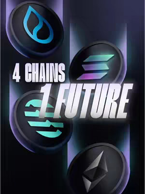 The image shows four cryptocurrency logos in 3D coin form, set against a dark, gradient background. Two lines of white text proclaim '4 CHAINS' above '1 FUTURE'. The coins, each with a distinctive symbol, are arranged in a roughly circular pattern, evoking a sense of movement and competition.