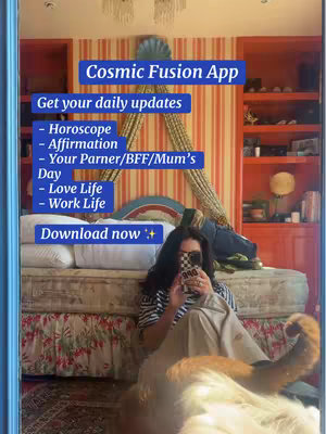 A woman in a casual setting, likely in a bedroom with a mirror reflecting the scene. She is taking a selfie with a phone. The cover includes blue rectangular text boxes with the app name and its features, layered over the image. The room has red wall structures and a patterned bedspread