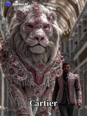 The image is an AI-generated composite featuring a lion-like creature in the foreground and a man in the background. The lion has a white mane and facial markings, ornate, jewel-encrusted armor which is predominantly crimson and gold in color. The man is a dark-skinned individual wearing a black suit with a matching black coat with crimson embellishments and is positioned slightly off to one side, creating depth in the composition. The background features a blurred architectural scene, suggesting either a palace or a grand hall with arches and high ceilings. The overall color palette is rich, with the reds and golds providing contrast against the lighter tones of the creature and the background. The text "Cartier" is at the bottom of the image in a crisp, sans-serif font.