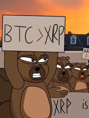 An animated image featuring a group of brown bear characters holding signs. One sign reads 'BTC > XRP,' while the other signs are partially visible, with the words 'XRP is' shown on one. The bears have cartoonish features with expressive faces, and their expressions suggest frustration or disagreement. The background shows a blurred orange and yellow sunset, with the suggestion of a building.