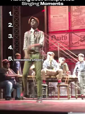 The image showcases a stage performance scene. A Black man dressed in vintage clothing is the center of attention, striking a pose. Various other individuals, also in historical attire, are visible, some seated at a table. The stage backdrop features large printed panels. The lighting is bright and theatrical, with warm tones.