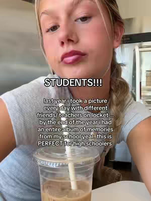 A young woman is taking a selfie, with a clear plastic cup with a straw, with text overlayed on the image, with the text of the overlay reading "STUDENTS!!!" over text that discusses a memory over the course of a school year.
