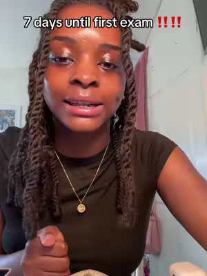 The cover image features a close-up of a young woman with braided hair, looking directly at the camera. The text overlay reads "7 days until first exam !!!". The background is blurred, with a white wall and a glimpse of a pink garment visible, creating a simple yet focused composition.