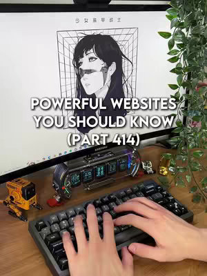 The cover image shows a person's hands typing on a black keyboard in front of a computer monitor that displays a graphic of a woman's face with lines superimposed over it. The setting looks like a desk with various gadgets and plants. Green foliage can be seen on the right.