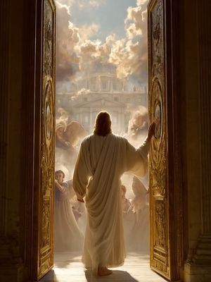 An AI-generated image of Jesus standing in front of large golden doors, looking towards a large, white building in the sky, possibly representing Heaven. The doors are open, revealing a bright, heavenly scene of clouds and light. There are other figures present, possibly angels, and the overall composition uses warm, bright colors with a focus on light and aspiration.