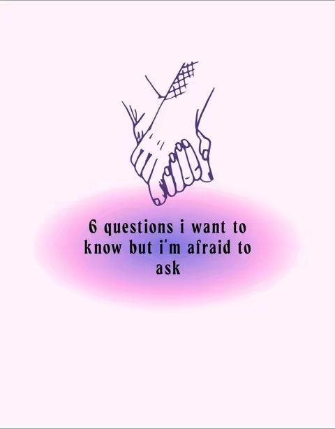 A simple graphic on a light pink background. It features a line drawing of two hands holding each other, with the fingers interlocked. Below the hands, a blurred oval contains the text '6 questions i want to know but i'm afraid to ask'.The image is clean and focused, with a soft color palette.
