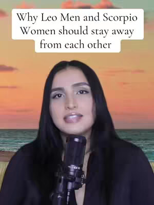 The cover image features a woman with long dark hair, speaking into a microphone. Behind her is a blended background depicting an oceanside sunset. White text overlay sits at the top, discussing why Leo men and Scorpio women should avoid each other.