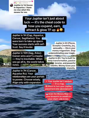 A vertical image showing a body of water, possibly a lake or ocean, with a mountainous backdrop under a vibrant blue sky. Text overlays are arranged throughout the image in a visually organized manner. There are six blocks of text with content about astrology.